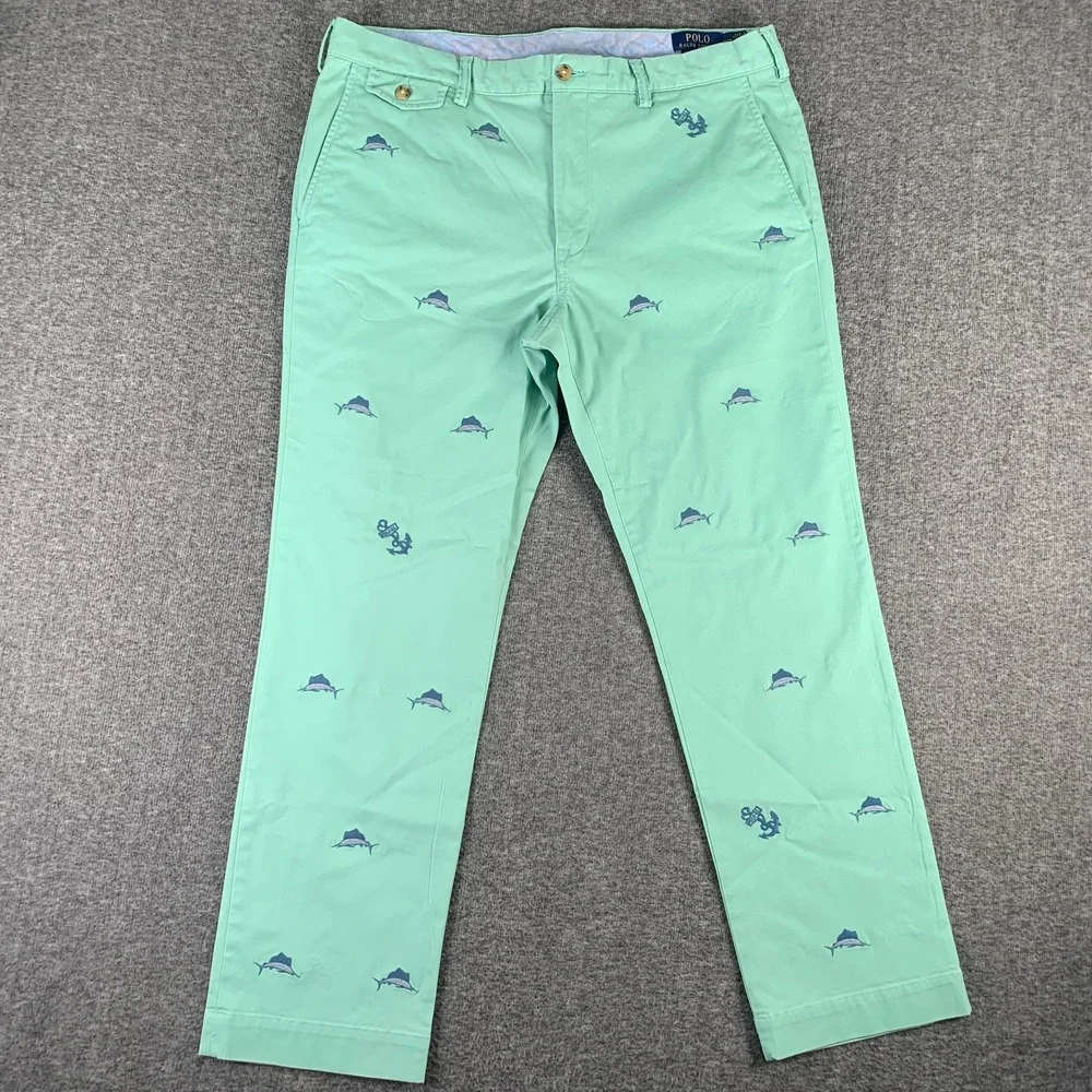 Polo Ralph Lauren Embroidered Pants Men 36x30 Marlin Fish Stretch Chino Nautical